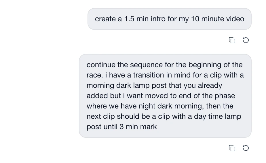 Haven's agent chat with two prompts: create a 1.5 minute intro for a 10 minute video, and a longer instruction to move a lamp-post clip and continue the sequence to the 3 minute mark.