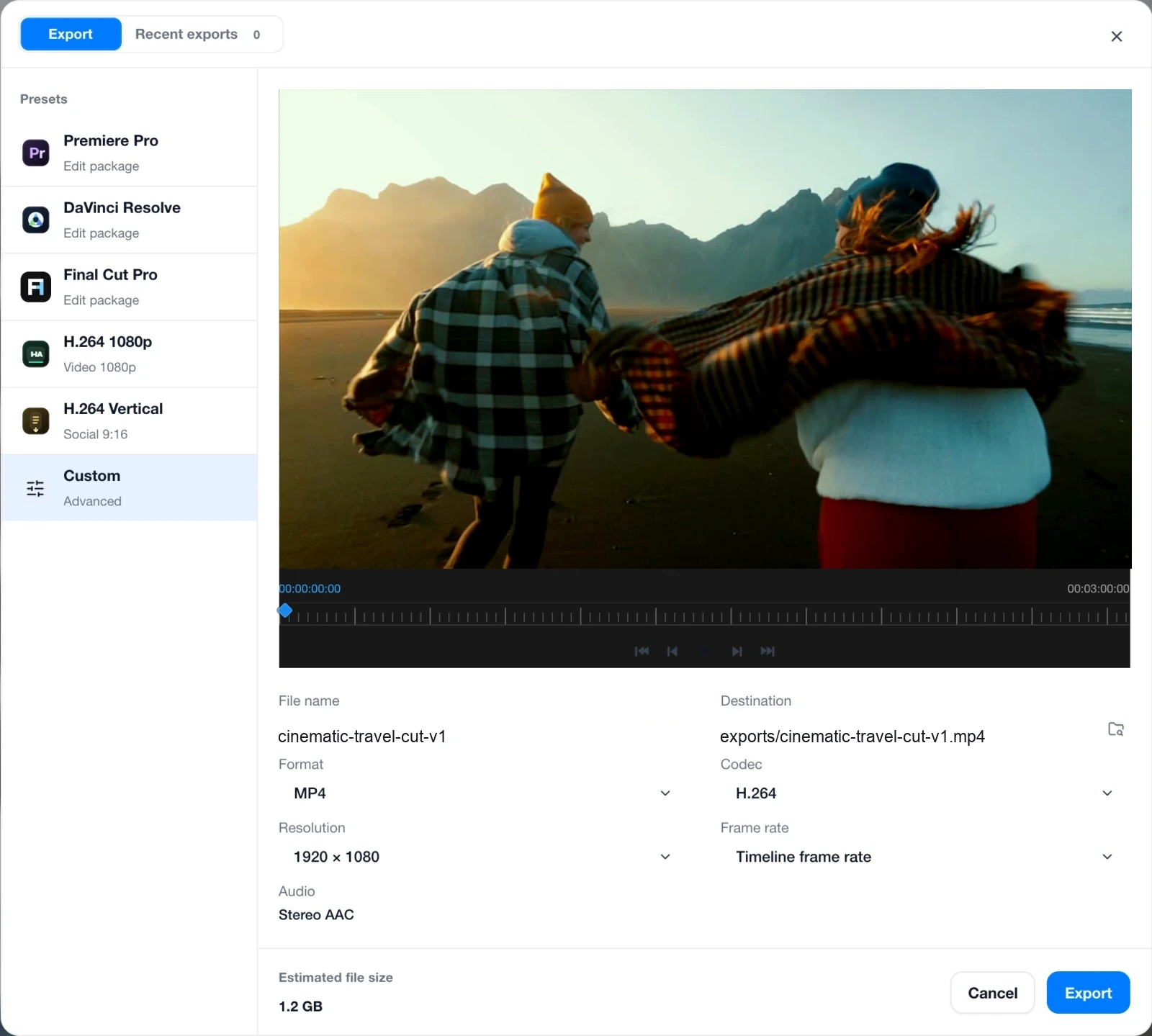 Haven's export dialog with presets for Premiere Pro, DaVinci Resolve, Final Cut Pro, H.264 1080p and vertical social video, a preview of the cut, and file settings.