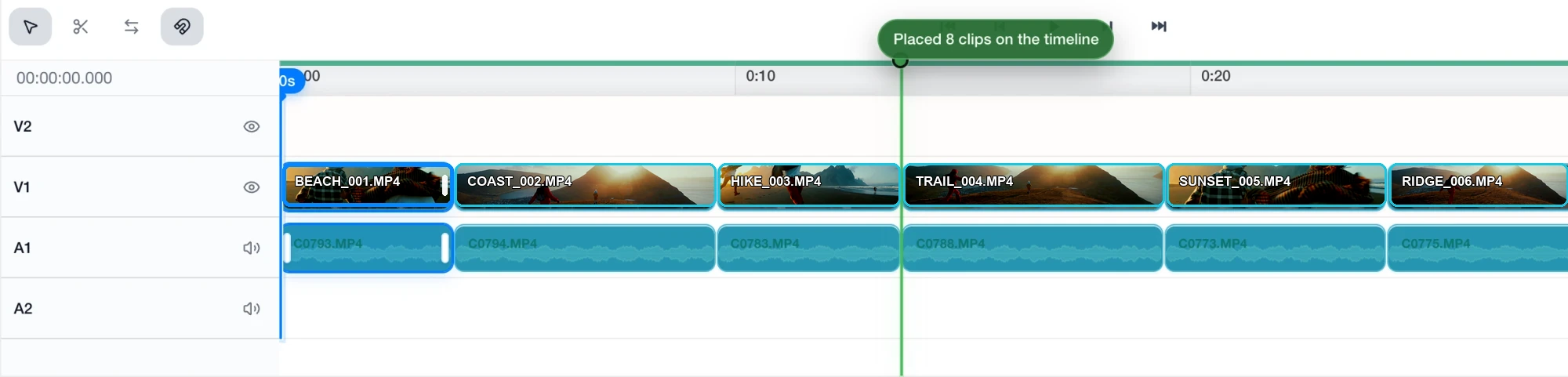 Haven's timeline after the agent's first pass: tracks V1 and A1 filled with clips BEACH_001 through RIDGE_006, a green playhead, and a toast reading Placed 8 clips on the timeline.
