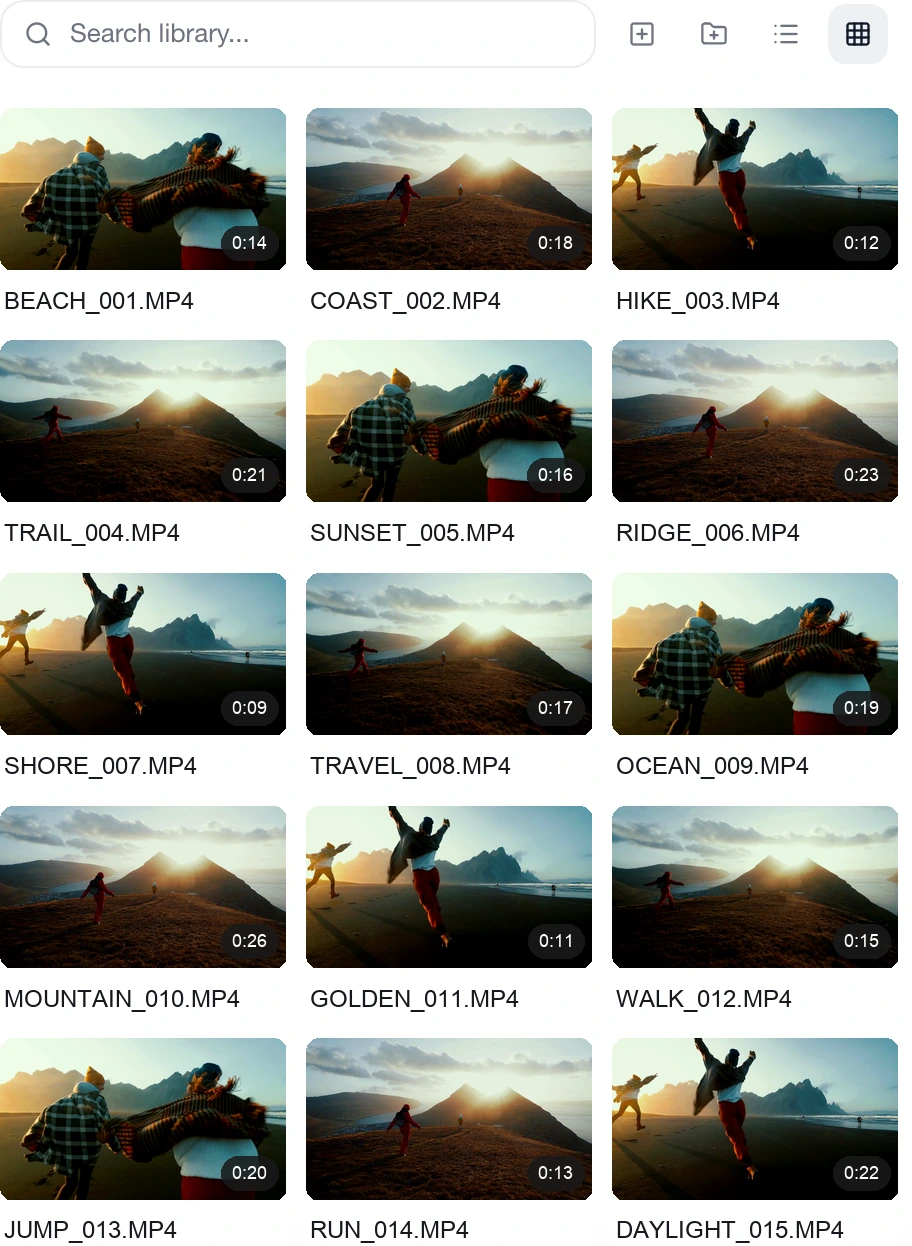 Haven's media library: a searchable grid of clips such as BEACH_001, COAST_002 and HIKE_003, each with a thumbnail and duration.