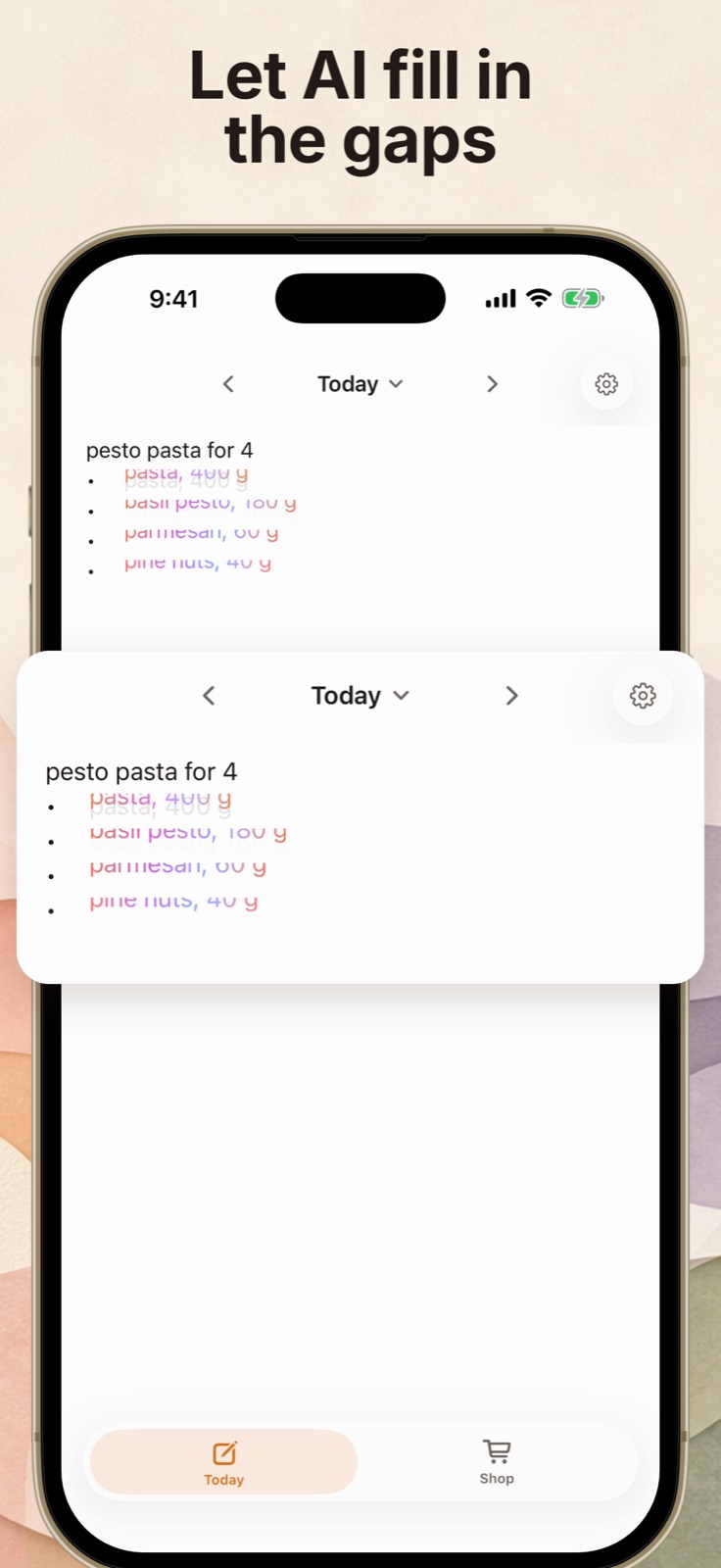 Mealo's note for today: "pesto pasta for 4" with AI-drafted ingredients appearing underneath in a rainbow gradient.