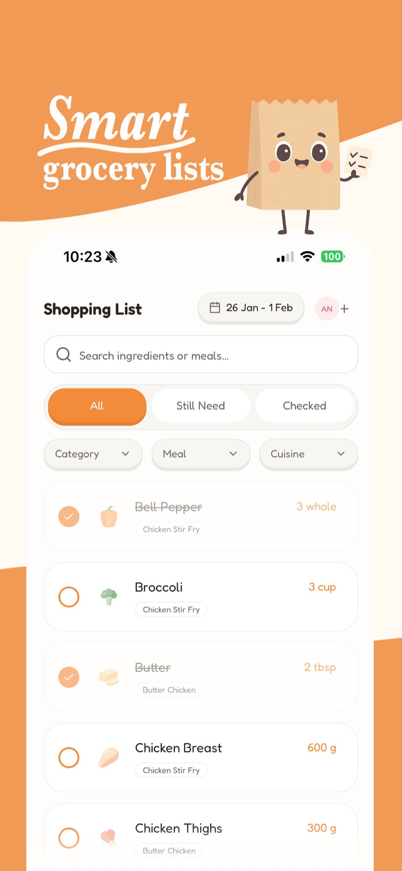 Mealo's shopping list with ingredients aggregated from the week's meals, grouped and checkable.