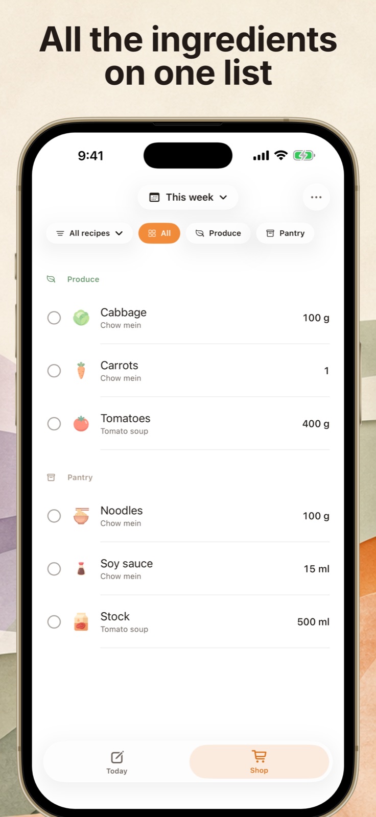 Mealo's Shop tab: this week's ingredients merged into one list and grouped into Produce and Pantry, each with its amount and source recipe.